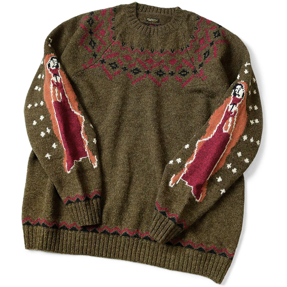 Kapital | 5G Wool Elbow Virgin Mary Nordic Sweater 'Khaki' - Image 3