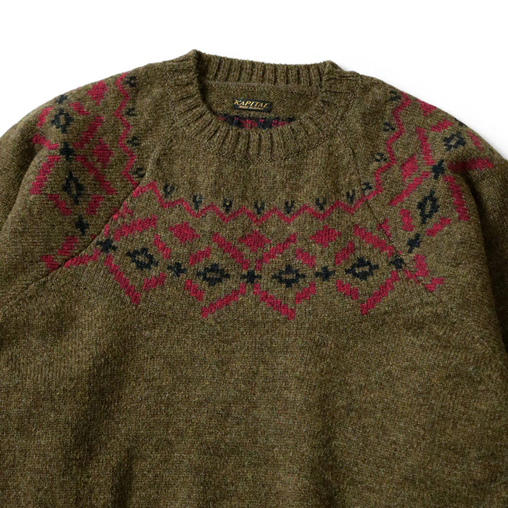 Kapital | 5G Wool Elbow Virgin Mary Nordic Sweater 'Khaki' - Image 5