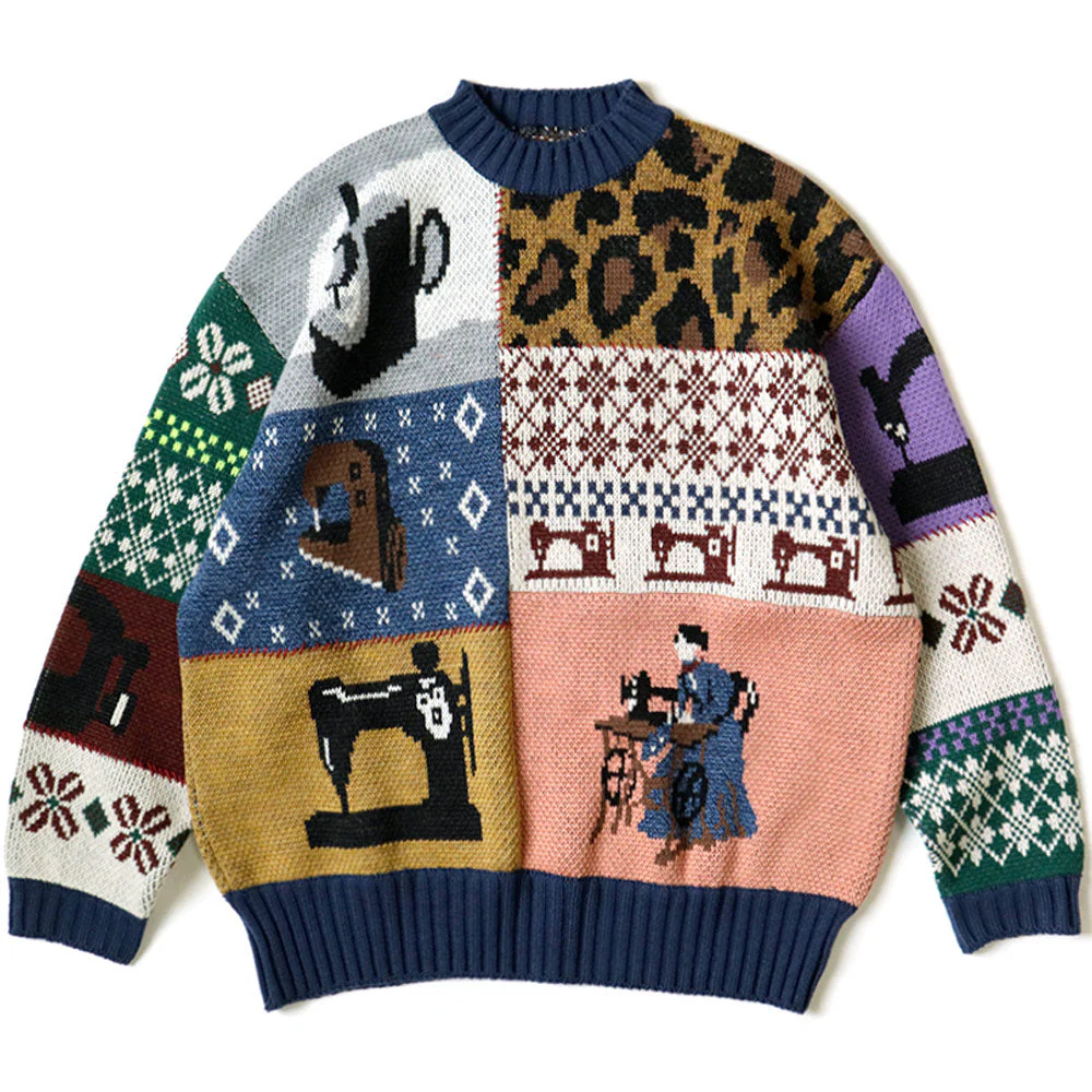 Kapital | 5G Wool Kurogane Mishin Patchwork Crew Sweater 'Navy'