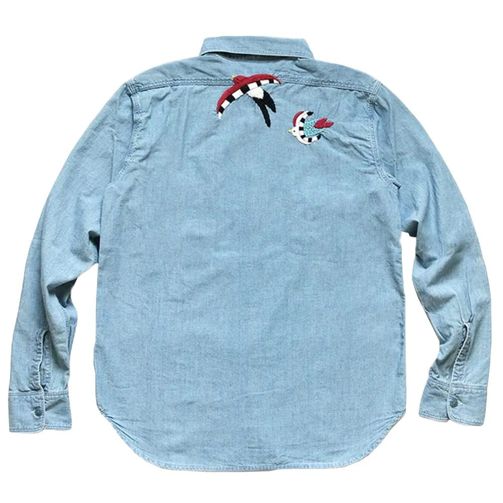 Kapital | Chambray Work Shirt (Swallow Emboridery) 'Sax' - Image 2