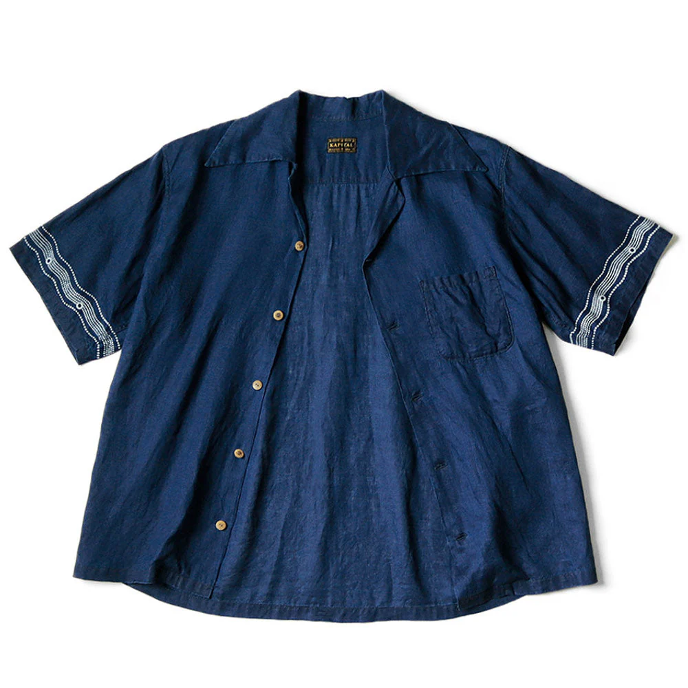 Kapital | French Cloth Linen Wrangle Collar Aloha Shirt (Soufflemon) 'Indigo' - Image 2