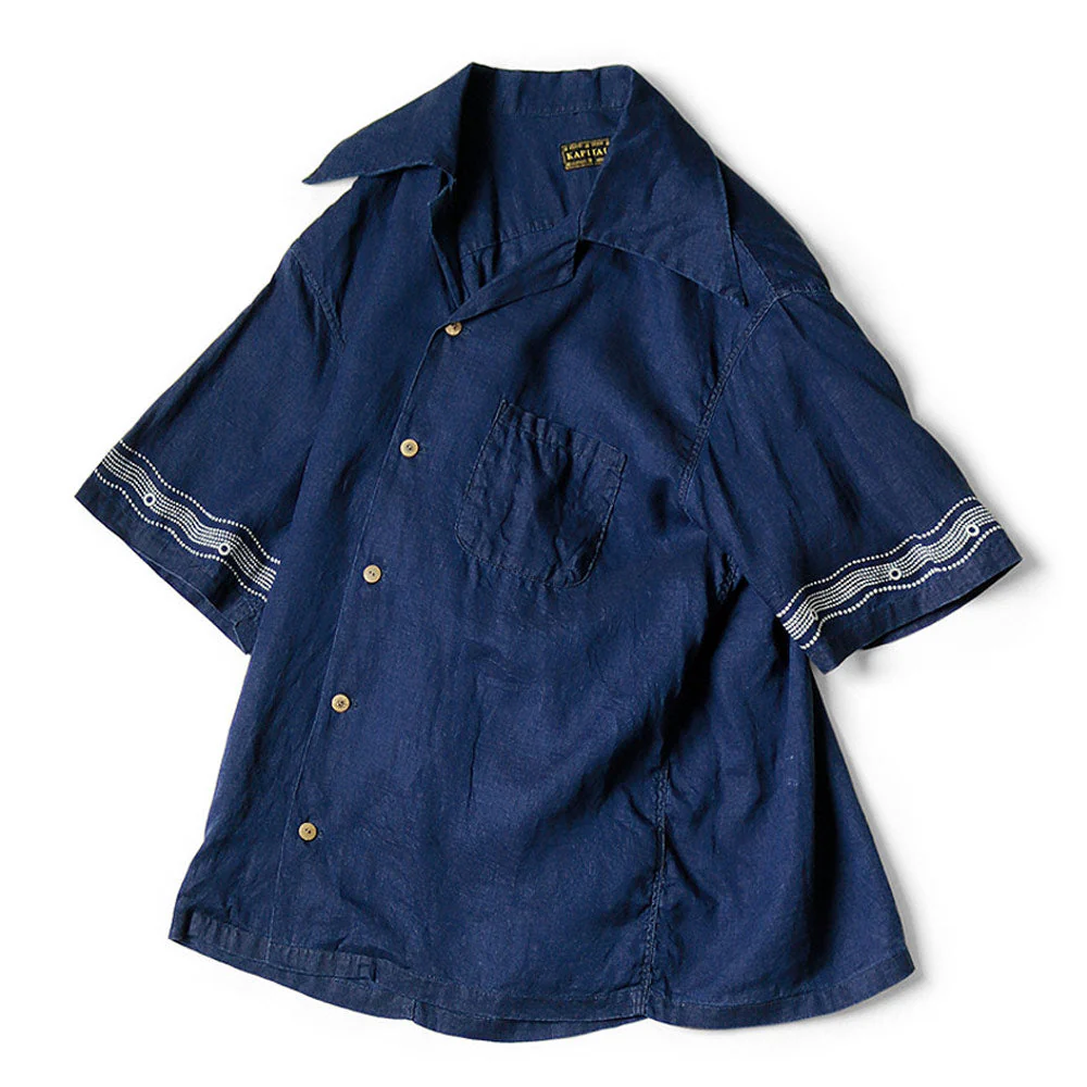Kapital | French Cloth Linen Wrangle Collar Aloha Shirt (Soufflemon) 'Indigo' - Image 4