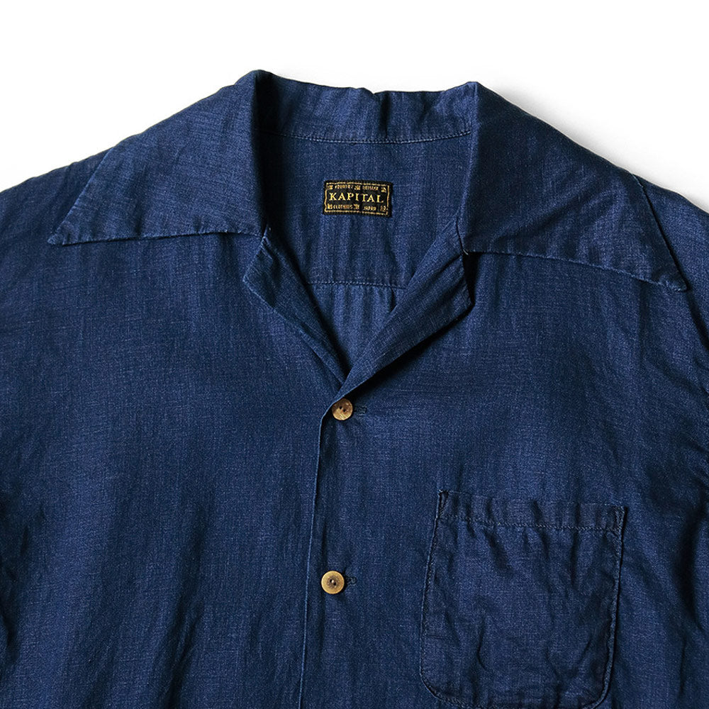 Kapital | French Cloth Linen Wrangle Collar Aloha Shirt (Soufflemon) 'Indigo' - Image 5