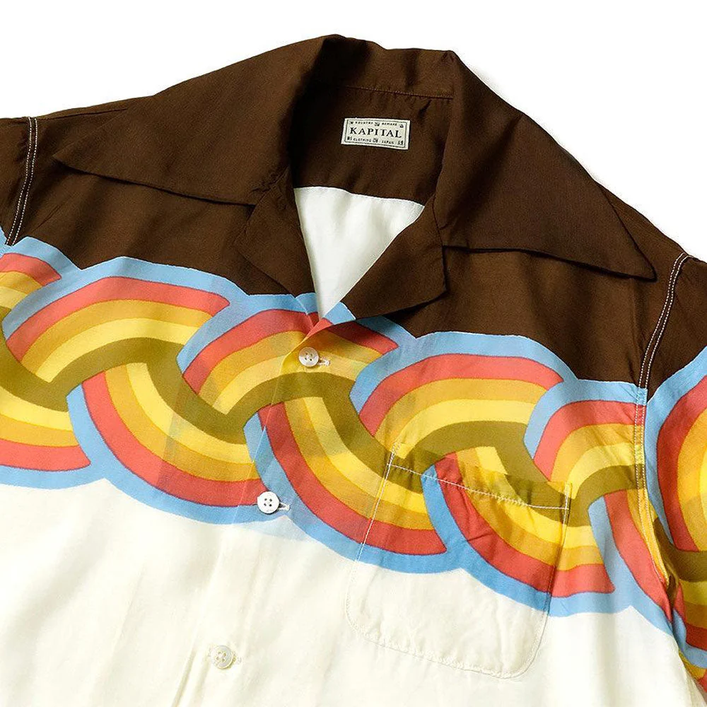 Silk Rayon Rainbow WRANGLE Collar Aloha Shirt 'Brown / Ecru' - Image 3